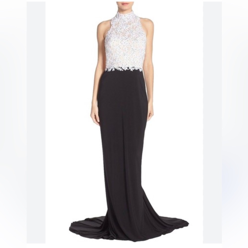 Tadashi Shoji Black & White Beaded Halter Backless Evening Gown